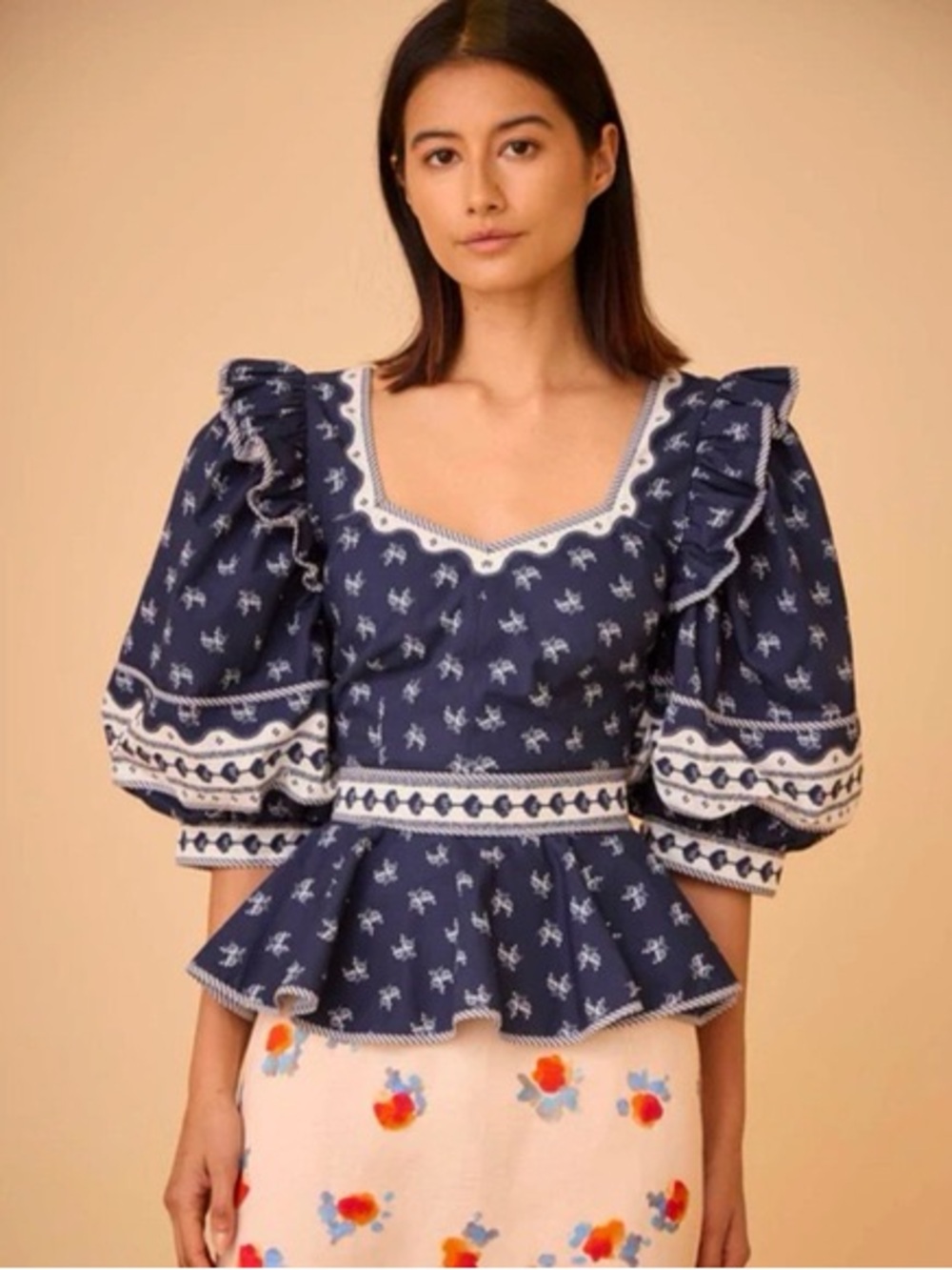 Hunter Bell Blayne Top Navy Floral Puff-Sleeve Peplum Top